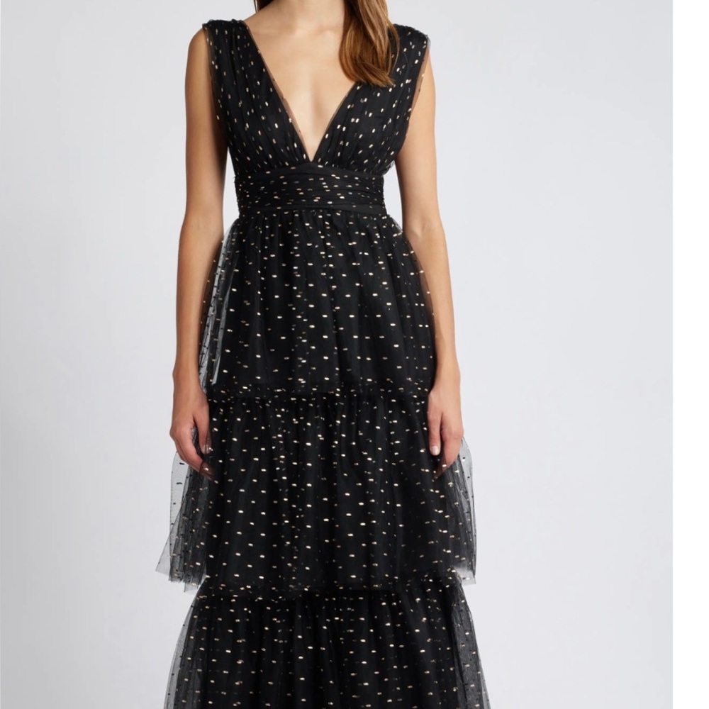 Nordstrom Black and Gold Tiered Midi Dress